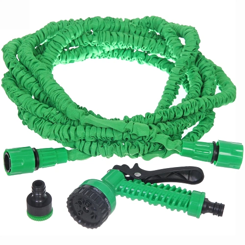 Шланг растягивающийся "Чудо" до 15м в наборе с пистолетом и коннекторами, цвет зеленый 